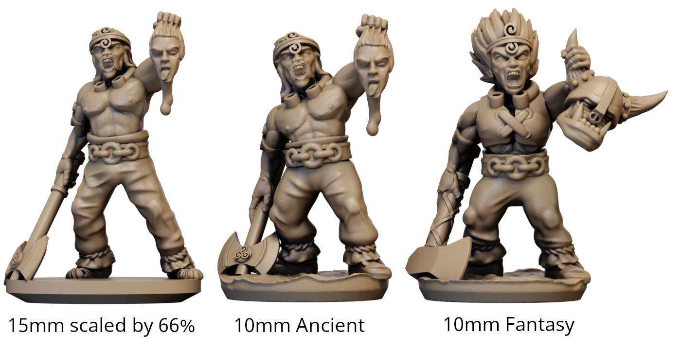 Three images of miniatures, on the left is a 15mm model scaled by 66 percent, in the middle is a 10mm ancient model, on the right is a 10mm fantasy model